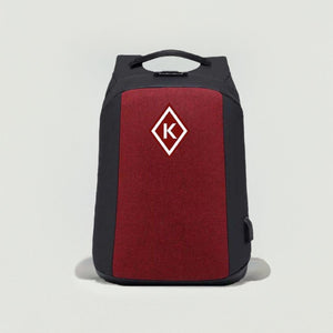 Front view of Kappa Alpha Psi Diamond backpack featuring red and black design with diamond K emblem. Stylish and functional laptop backpack for Kappa brothers.