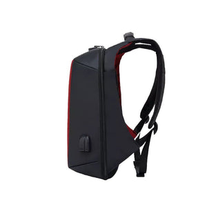 Side profile of Kappa Alpha Psi Diamond backpack with USB charging port. Slim and modern design perfect for laptops and tech gear.