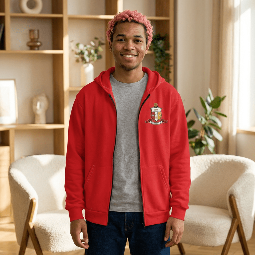 Red Crest Zip Hoodie — Small Embroidered Coat of Arms Chest Design - URBrand