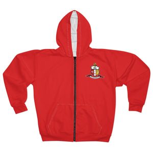 Red Crest Zip Hoodie — Small Embroidered Coat of Arms Chest Design - URBrand