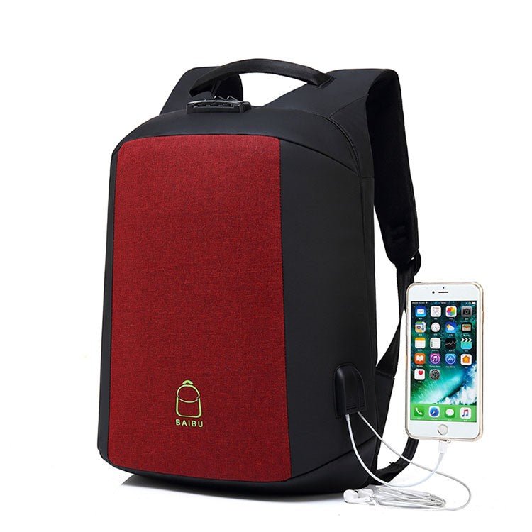 Red and black anti-theft backpack with external USB charging, similar to Kappa Alpha Psi Diamond backpack. Ideal for tech-savvy users on the go.