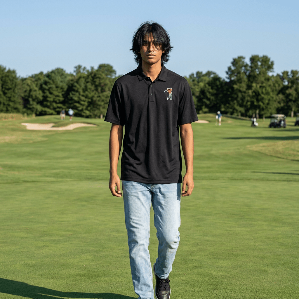Men's Golf Polo Shirt — Embroidered Golfer Swing Design - URBrand