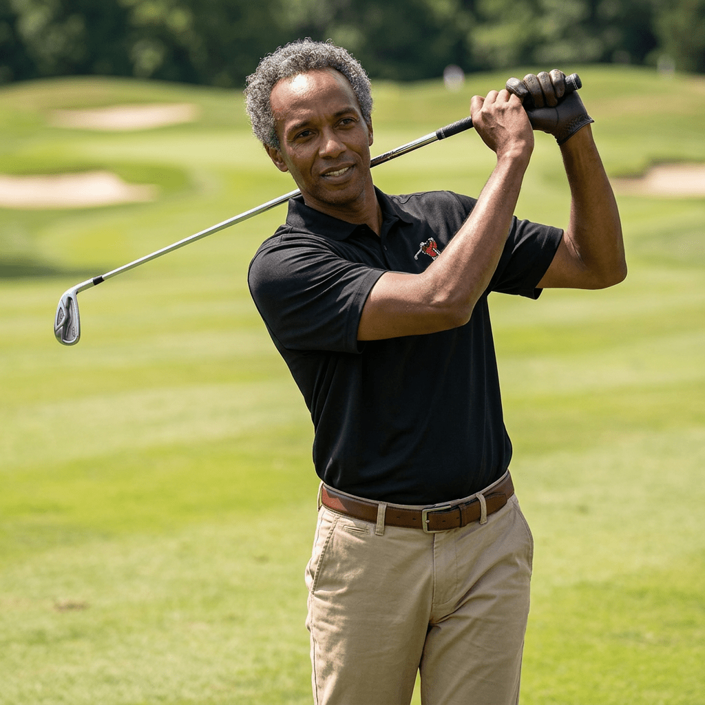 Men's Golf Polo Shirt — Embroidered Golfer Swing Design - URBrand