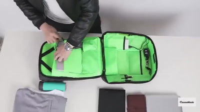 Open view of Kappa Alpha Psi Diamond backpack showing organized compartments and tech storage. Great for business, school, or travel.